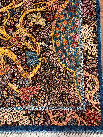 23” x 35” Luxury Turkish Silk Accent Rug – Midnight Blue & Turquoise Floral Tree of Life Design
