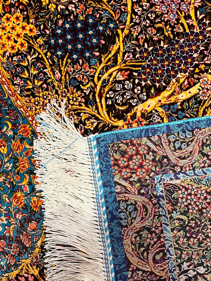 23” x 35” Luxury Turkish Silk Accent Rug – Midnight Blue & Turquoise Floral Tree of Life Design
