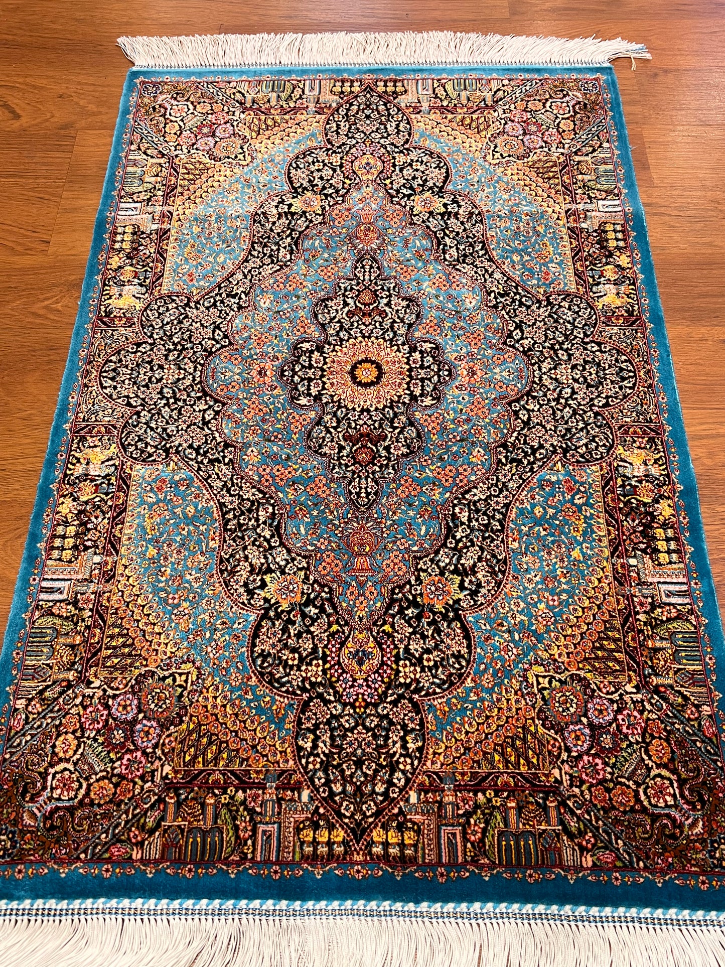 23” x 35” Luxury Turkish Silk Rug – Vibrant Turquoise Blue & Black Floral Medallion Design | Premium Oriental Accent Rug