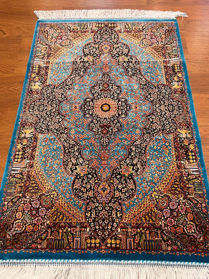 23” x 35” Luxury Turkish Silk Rug – Vibrant Turquoise Blue & Black Floral Medallion Design | Premium Oriental Accent Rug