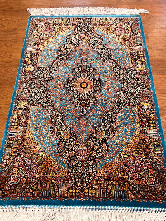 23” x 35” Luxury Turkish Silk Rug – Vibrant Turquoise Blue & Black Floral Medallion Design | Premium Oriental Accent Rug