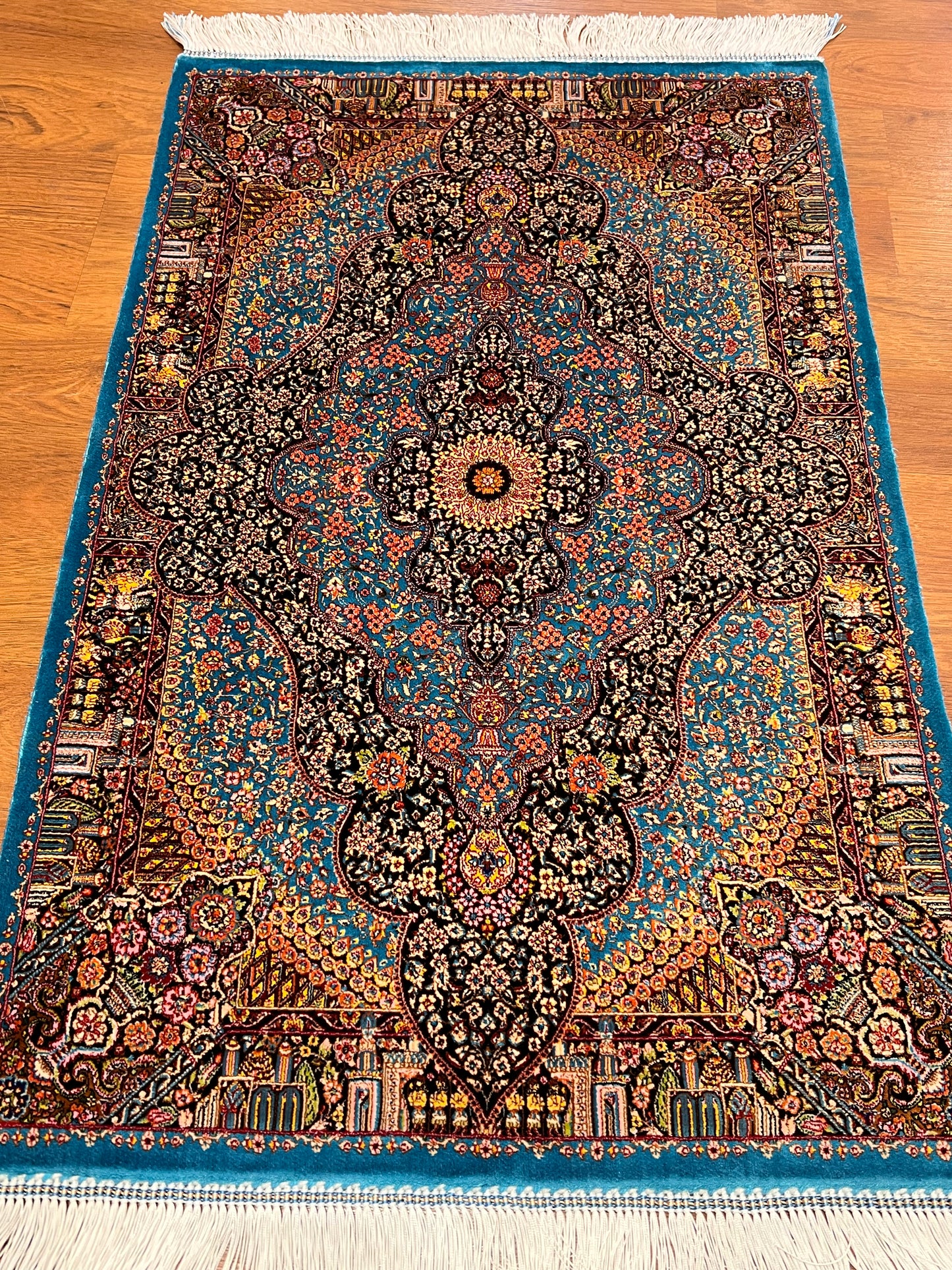 23” x 35” Luxury Turkish Silk Rug – Vibrant Turquoise Blue & Black Floral Medallion Design | Premium Oriental Accent Rug