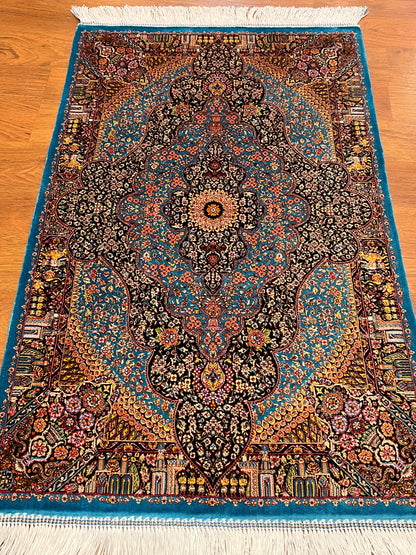 23” x 35” Luxury Turkish Silk Rug – Vibrant Turquoise Blue & Black Floral Medallion Design | Premium Oriental Accent Rug
