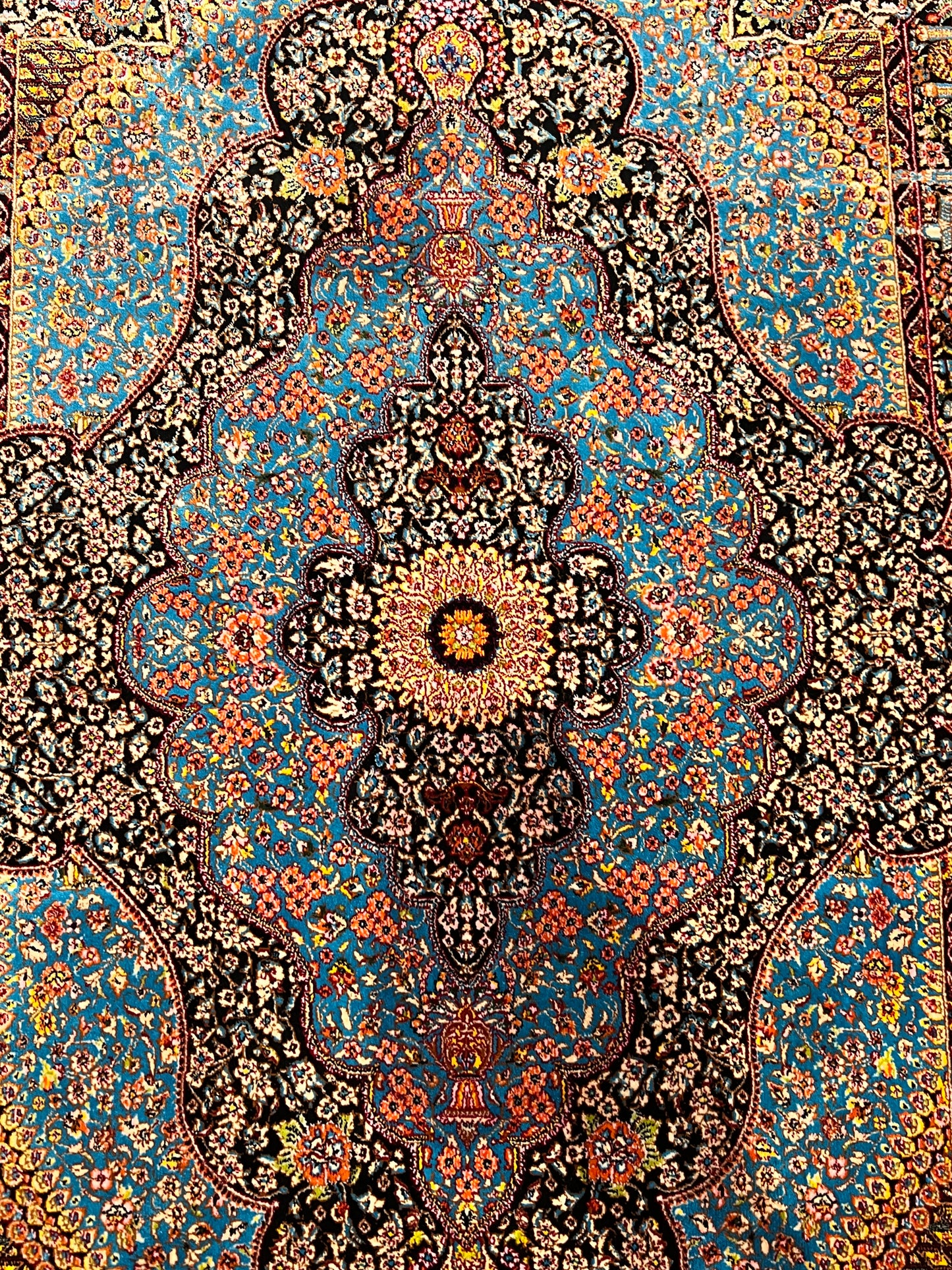 23” x 35” Luxury Turkish Silk Rug – Vibrant Turquoise Blue & Black Floral Medallion Design | Premium Oriental Accent Rug