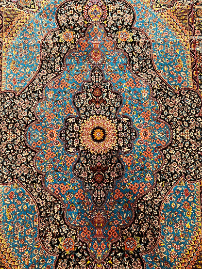 23” x 35” Luxury Turkish Silk Rug – Vibrant Turquoise Blue & Black Floral Medallion Design | Premium Oriental Accent Rug