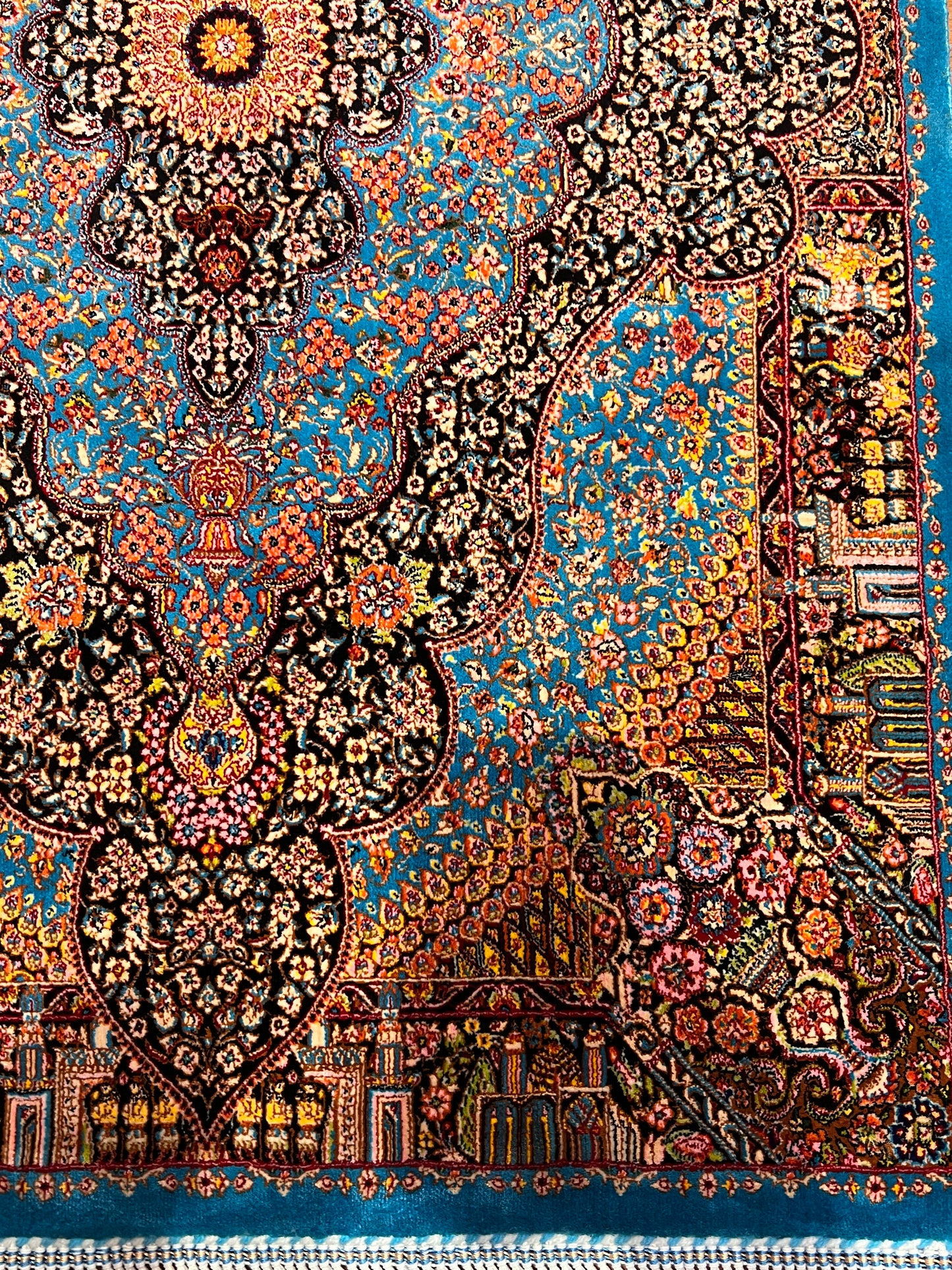 23” x 35” Luxury Turkish Silk Rug – Vibrant Turquoise Blue & Black Floral Medallion Design | Premium Oriental Accent Rug