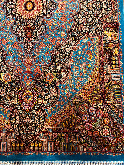 23” x 35” Luxury Turkish Silk Rug – Vibrant Turquoise Blue & Black Floral Medallion Design | Premium Oriental Accent Rug