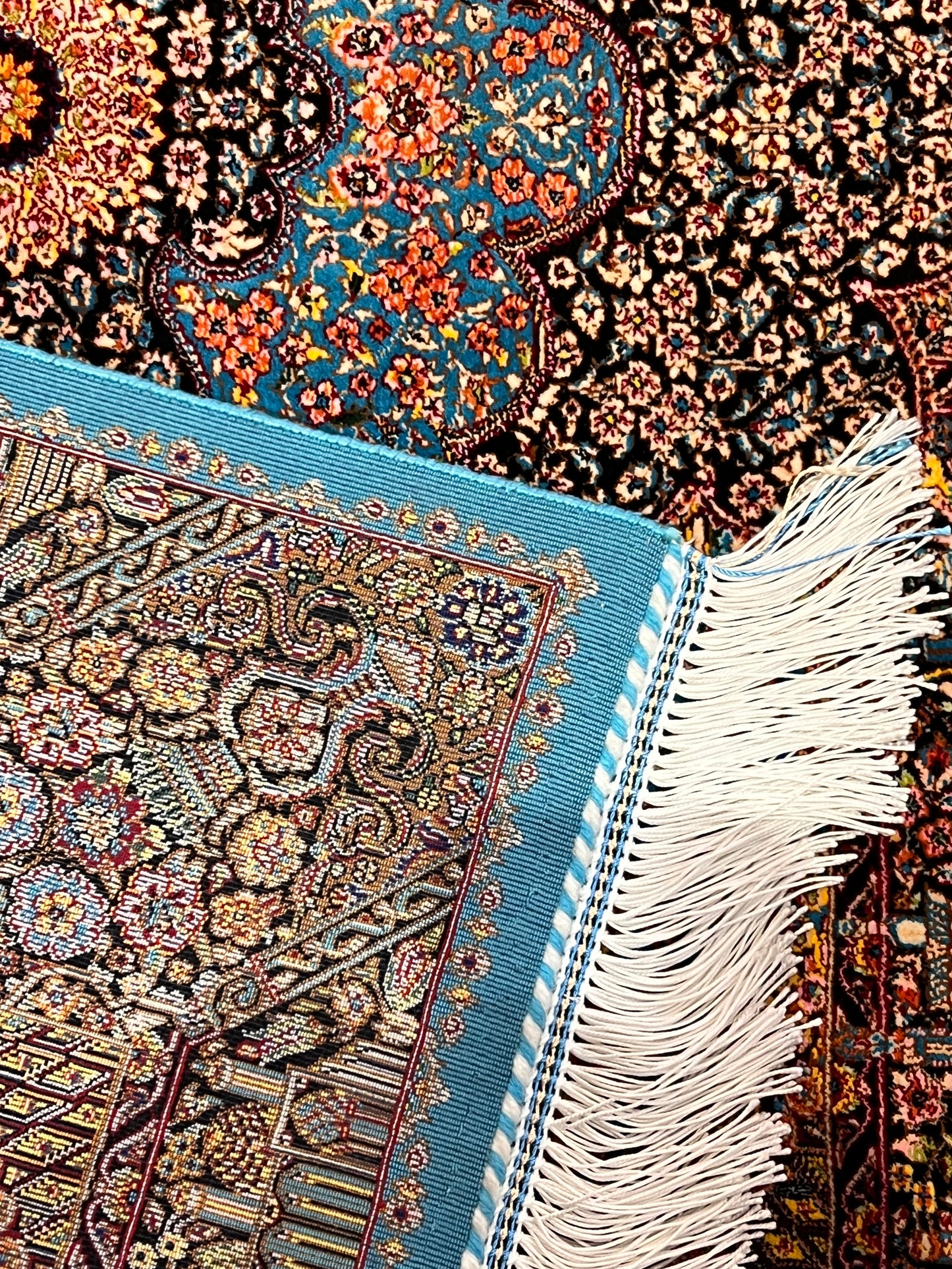 23” x 35” Luxury Turkish Silk Rug – Vibrant Turquoise Blue & Black Floral Medallion Design | Premium Oriental Accent Rug