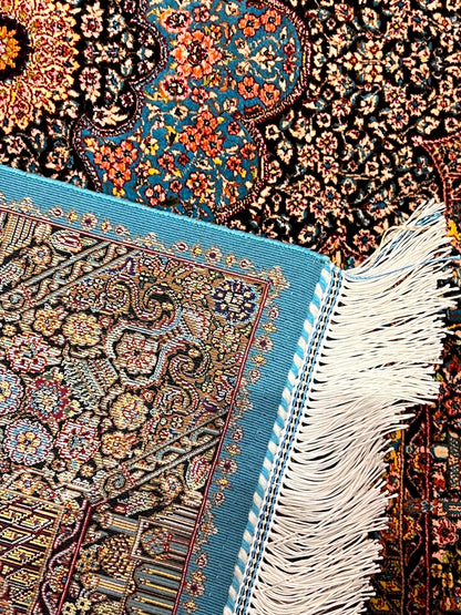 23” x 35” Luxury Turkish Silk Rug – Vibrant Turquoise Blue & Black Floral Medallion Design | Premium Oriental Accent Rug