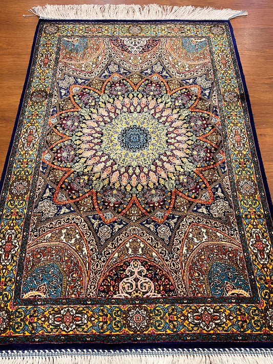 23” × 35” Luxury Silk Rug – Navy Blue & Gold Floral Medallion, Hereke-Inspired Turkish Accent Rug