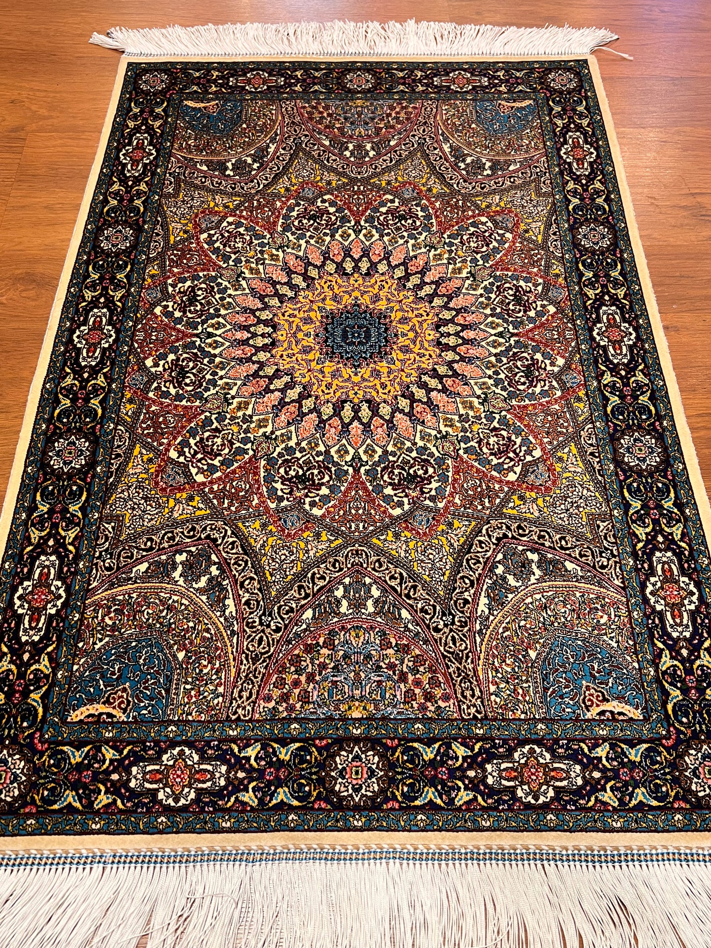 23” × 35” Luxury Turkish Silk Rug – Ivory & Navy Blue Floral Medallion, Hereke-Inspired Accent Rug