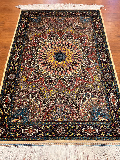 23” × 35” Luxury Turkish Silk Rug – Ivory & Navy Blue Floral Medallion, Hereke-Inspired Accent Rug