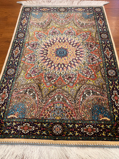23” × 35” Luxury Turkish Silk Rug – Ivory & Navy Blue Floral Medallion, Hereke-Inspired Accent Rug