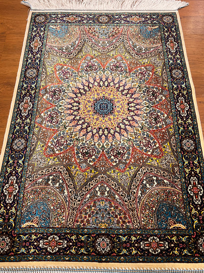 23” × 35” Luxury Turkish Silk Rug – Ivory & Navy Blue Floral Medallion, Hereke-Inspired Accent Rug