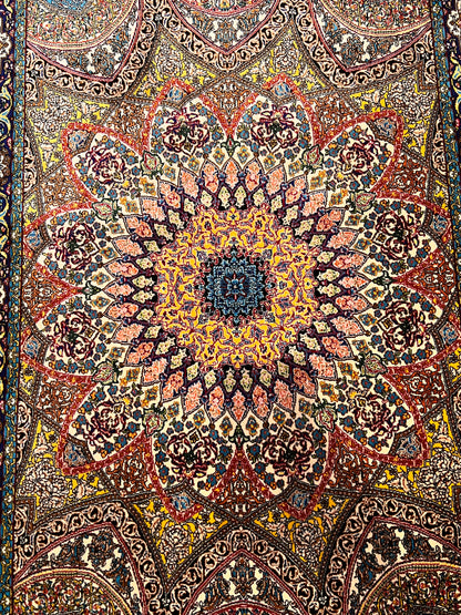 23” × 35” Luxury Turkish Silk Rug – Ivory & Navy Blue Floral Medallion, Hereke-Inspired Accent Rug