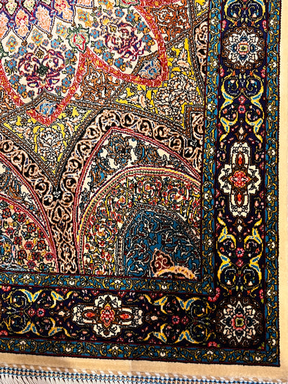 23” × 35” Luxury Turkish Silk Rug – Ivory & Navy Blue Floral Medallion, Hereke-Inspired Accent Rug