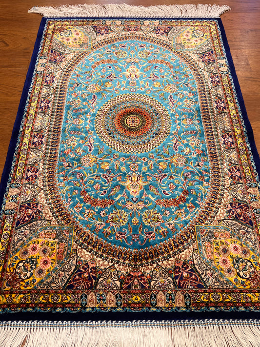 23” × 35” Luxury Turkish Silk Rug – Turquoise Blue & Gold Floral Medallion, Hereke-Inspired Accent Rug