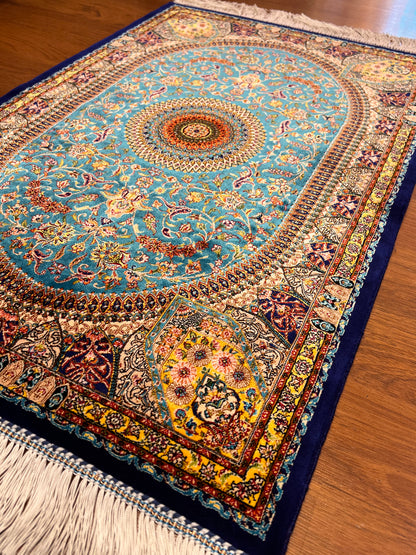 23” × 35” Luxury Turkish Silk Rug – Turquoise Blue & Gold Floral Medallion, Hereke-Inspired Accent Rug
