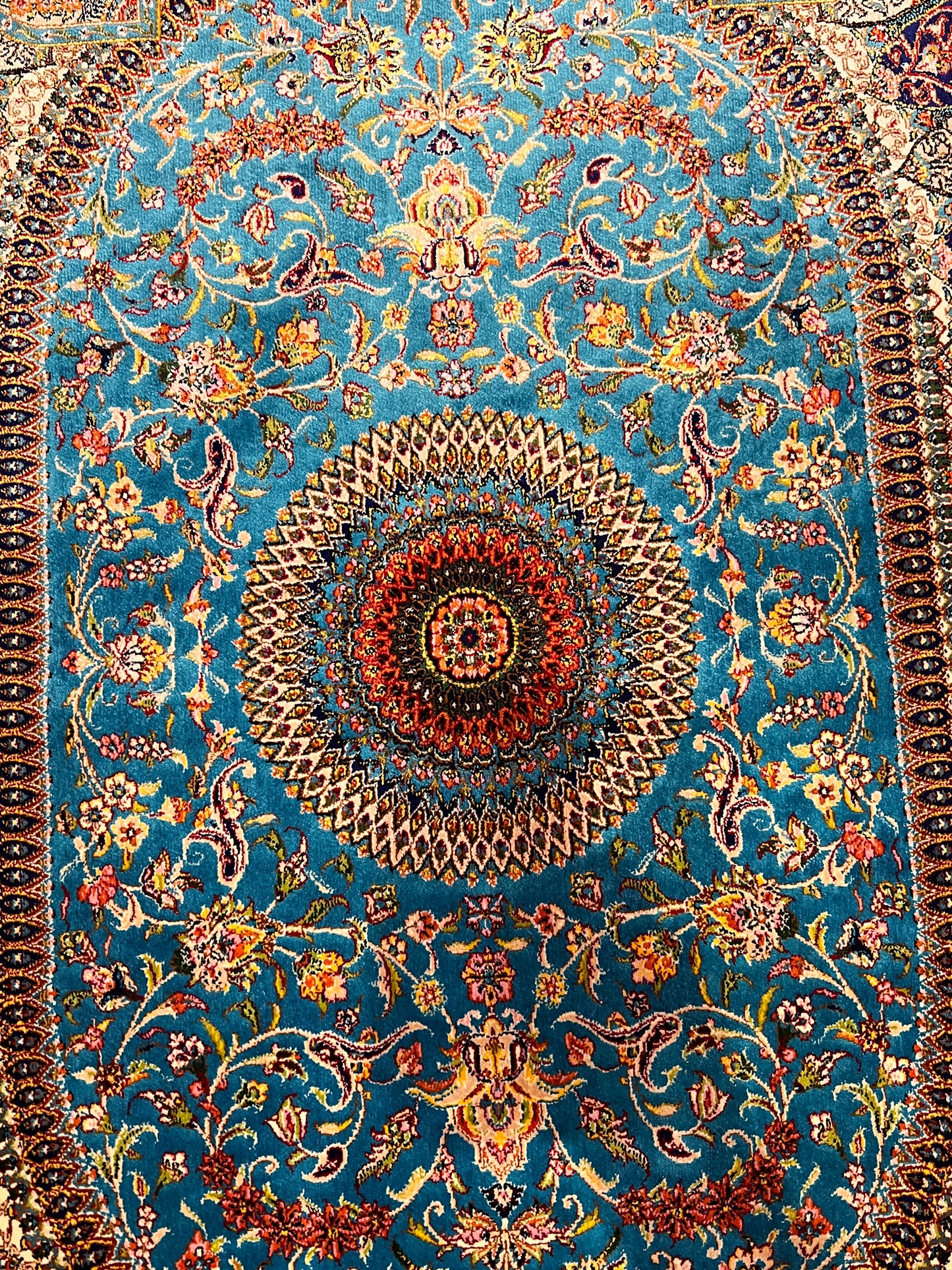 23” × 35” Luxury Turkish Silk Rug – Turquoise Blue & Gold Floral Medallion, Hereke-Inspired Accent Rug