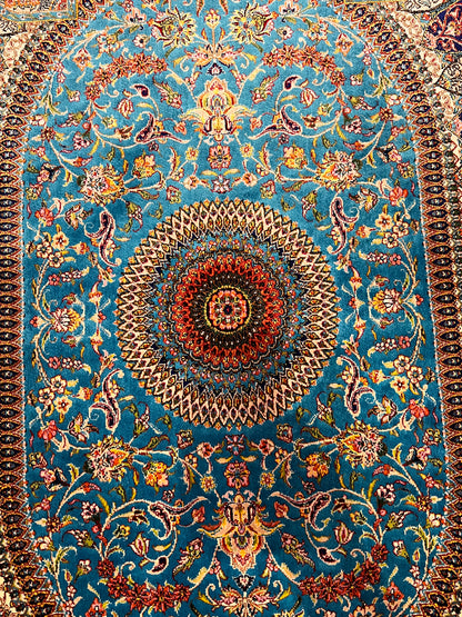 23” × 35” Luxury Turkish Silk Rug – Turquoise Blue & Gold Floral Medallion, Hereke-Inspired Accent Rug