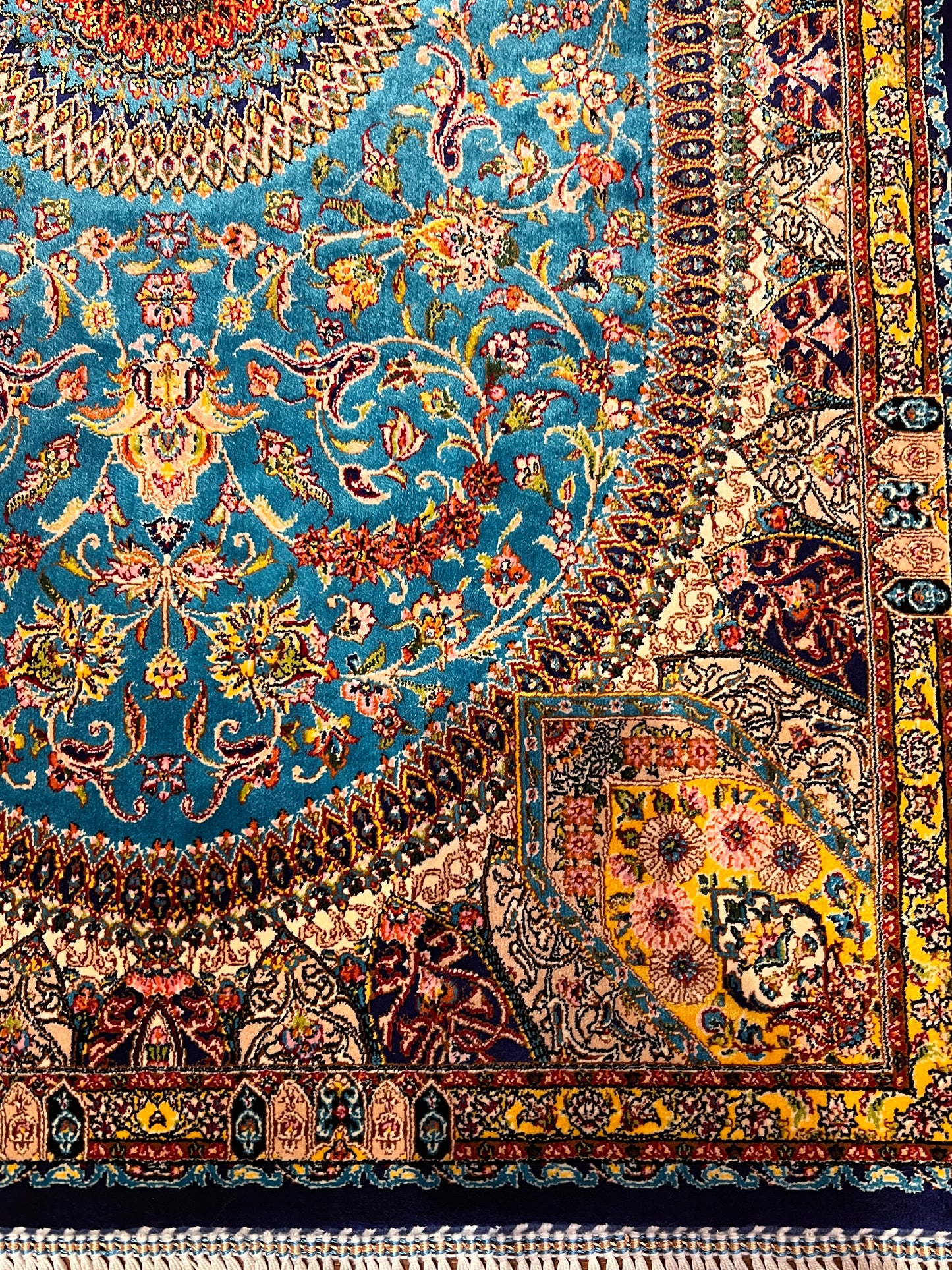 23” × 35” Luxury Turkish Silk Rug – Turquoise Blue & Gold Floral Medallion, Hereke-Inspired Accent Rug