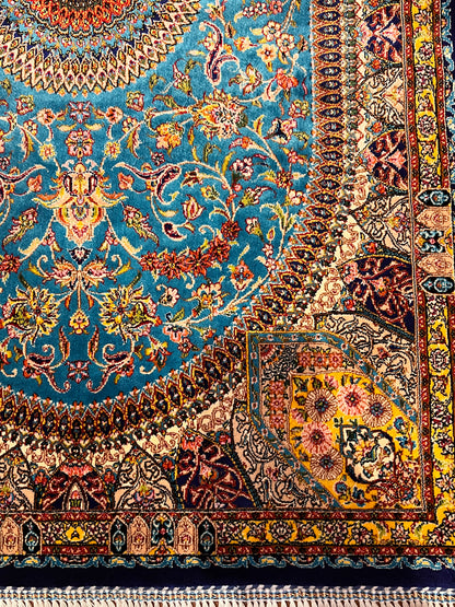 23” × 35” Luxury Turkish Silk Rug – Turquoise Blue & Gold Floral Medallion, Hereke-Inspired Accent Rug