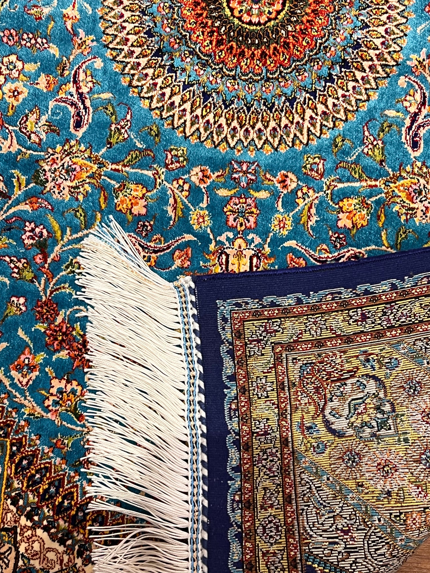 23” × 35” Luxury Turkish Silk Rug – Turquoise Blue & Gold Floral Medallion, Hereke-Inspired Accent Rug