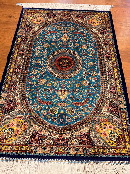 23” × 35” Luxury Turkish Silk Rug – Turquoise Blue & Gold Floral Medallion, Hereke-Inspired Accent Rug