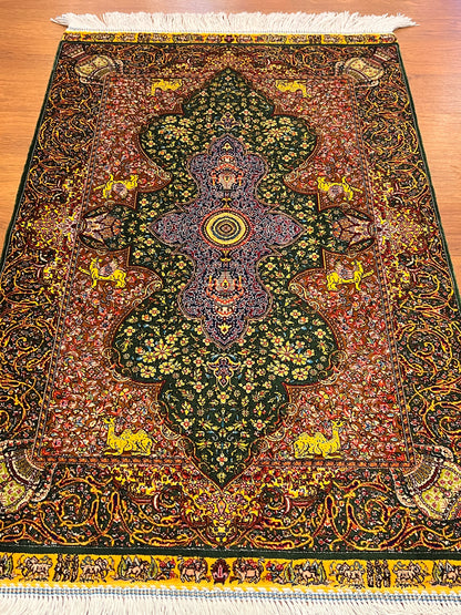 23” × 35” Luxury Turkish Silk Rug – Emerald Green & Gold Oriental Medallion, Hereke-Inspired Floral Accent Rug