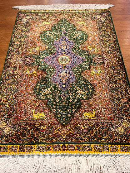 23” × 35” Luxury Turkish Silk Rug – Emerald Green & Gold Oriental Medallion, Hereke-Inspired Floral Accent Rug