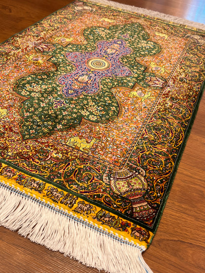 23” × 35” Luxury Turkish Silk Rug – Emerald Green & Gold Oriental Medallion, Hereke-Inspired Floral Accent Rug
