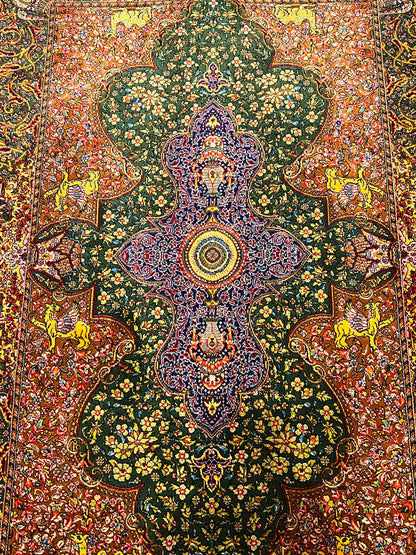 23” × 35” Luxury Turkish Silk Rug – Emerald Green & Gold Oriental Medallion, Hereke-Inspired Floral Accent Rug