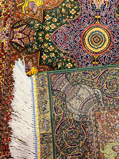 23” × 35” Luxury Turkish Silk Rug – Emerald Green & Gold Oriental Medallion, Hereke-Inspired Floral Accent Rug
