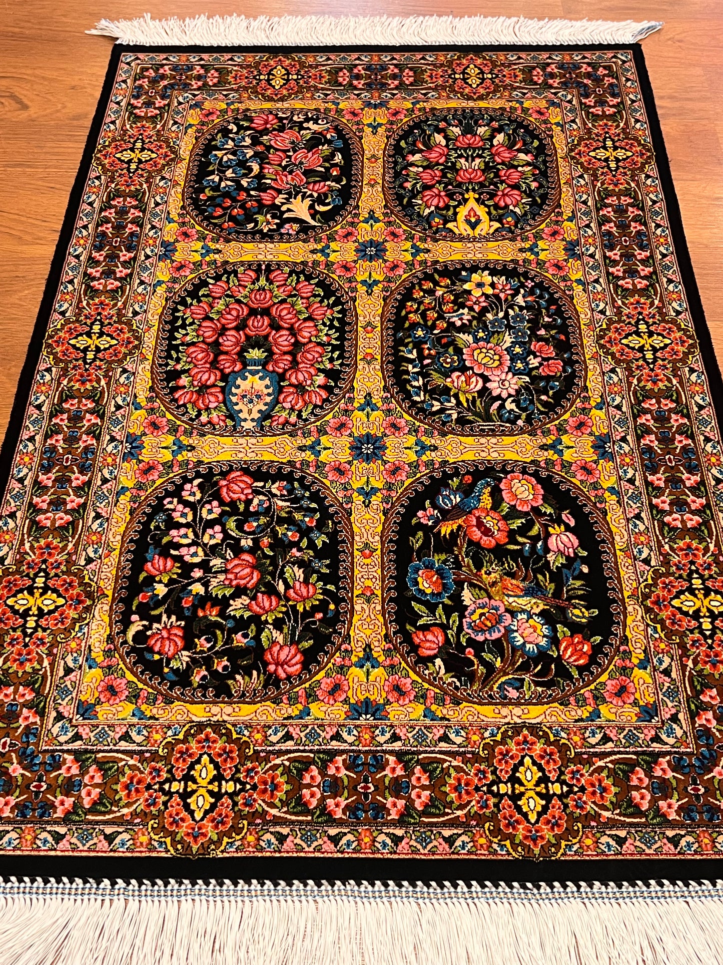 23” × 35” Luxury Turkish Silk Rug – Black & Gold Six-Panel Floral Garden Design, Hereke-Inspired Accent Rug