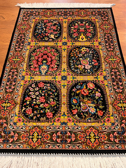 23” × 35” Luxury Turkish Silk Rug – Black & Gold Six-Panel Floral Garden Design, Hereke-Inspired Accent Rug
