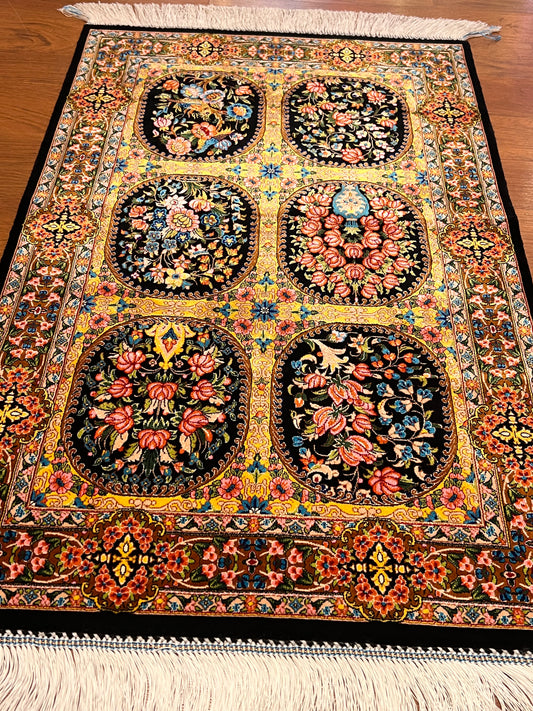 23” × 35” Luxury Turkish Silk Rug – Black & Gold Six-Panel Floral Garden Design, Hereke-Inspired Accent Rug