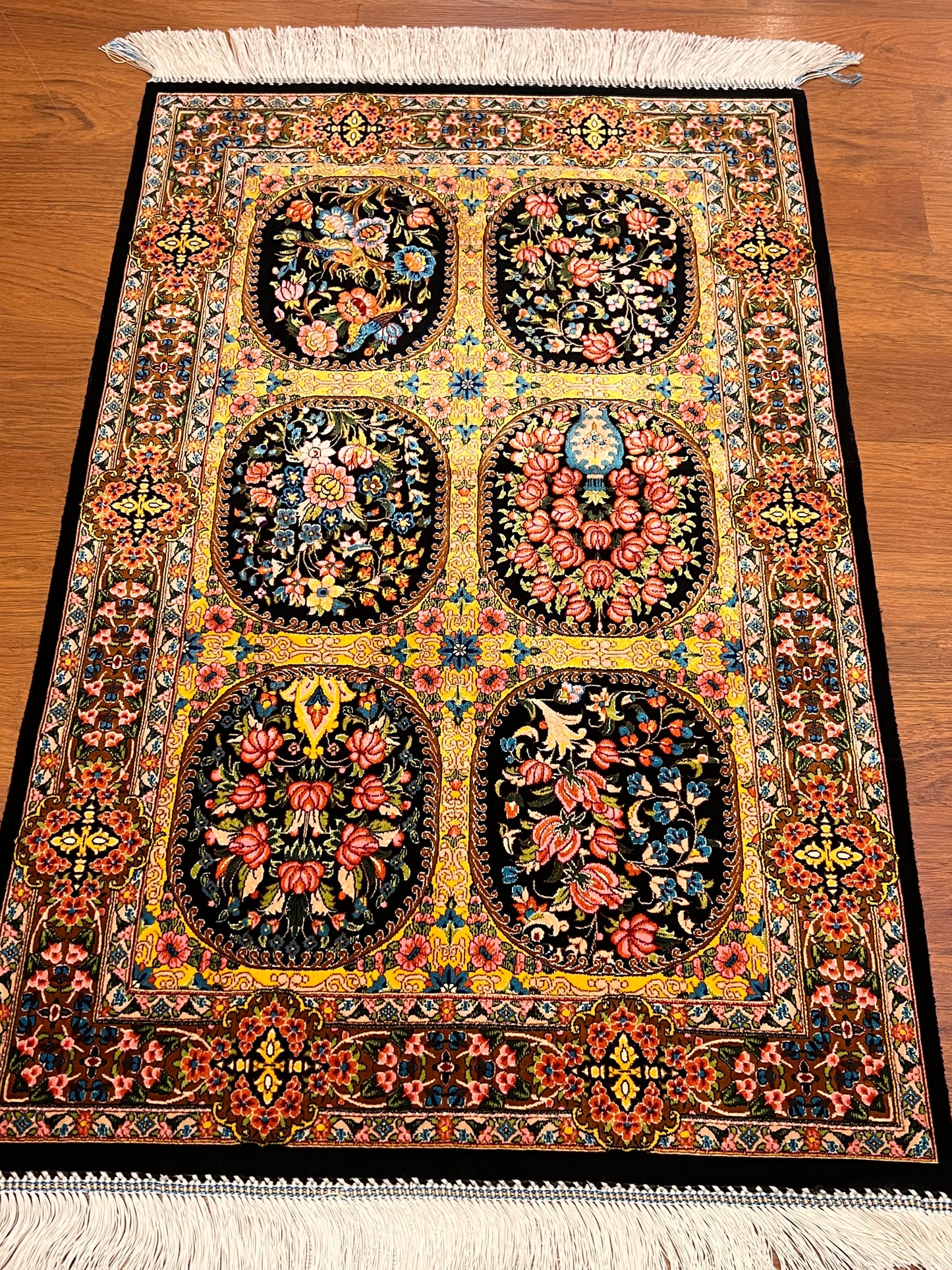23” × 35” Luxury Turkish Silk Rug – Black & Gold Six-Panel Floral Garden Design, Hereke-Inspired Accent Rug