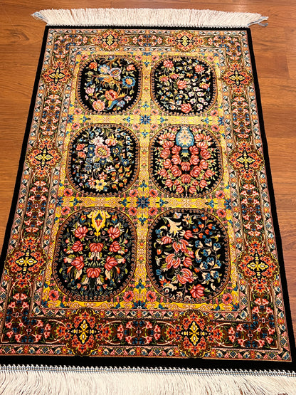 23” × 35” Luxury Turkish Silk Rug – Black & Gold Six-Panel Floral Garden Design, Hereke-Inspired Accent Rug