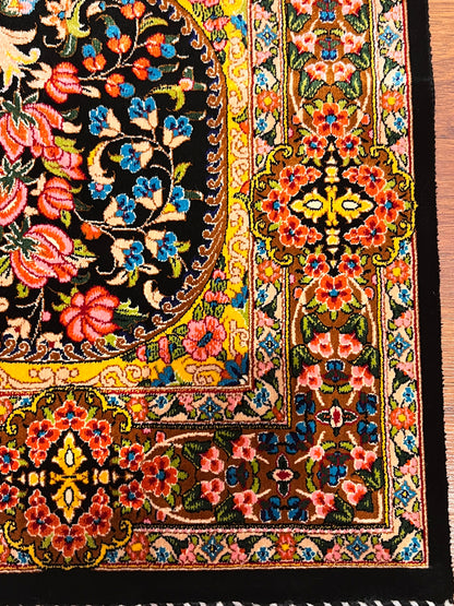 23” × 35” Luxury Turkish Silk Rug – Black & Gold Six-Panel Floral Garden Design, Hereke-Inspired Accent Rug