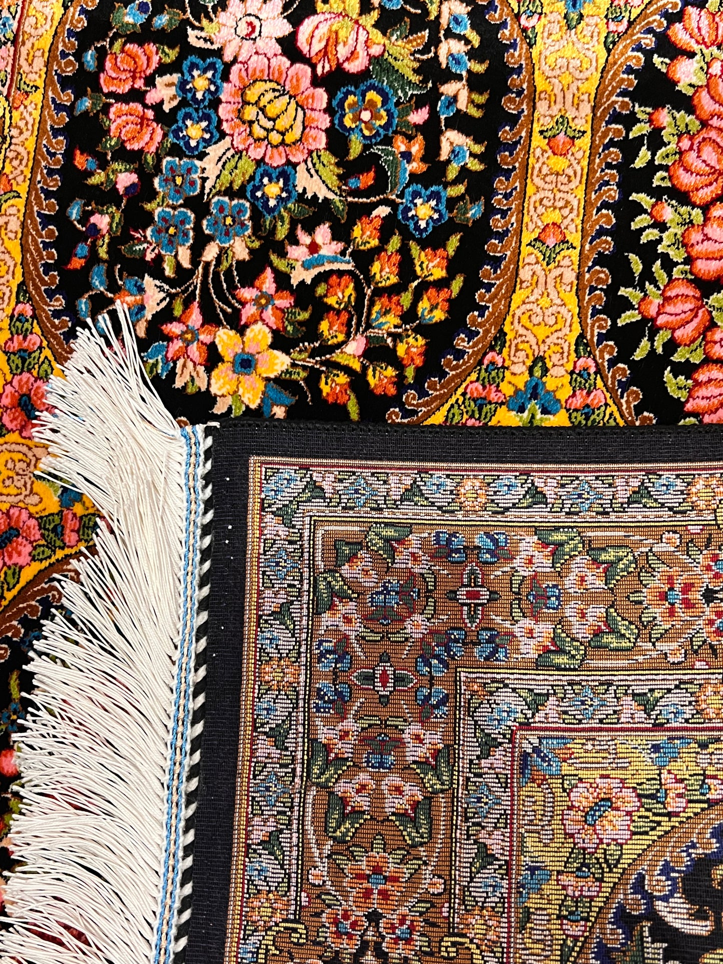23” × 35” Luxury Turkish Silk Rug – Black & Gold Six-Panel Floral Garden Design, Hereke-Inspired Accent Rug