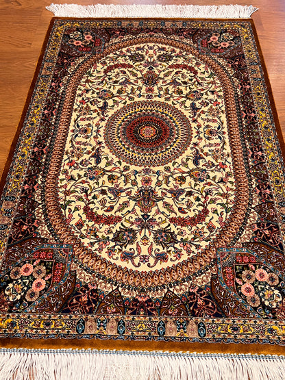 23” × 35” Luxury Turkish Silk Rug – Ivory & Golden Brown Floral Medallion, Hereke-Inspired Oriental Accent Rug