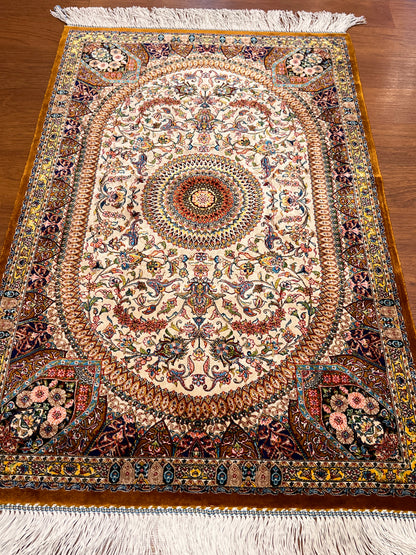 23” × 35” Luxury Turkish Silk Rug – Ivory & Golden Brown Floral Medallion, Hereke-Inspired Oriental Accent Rug