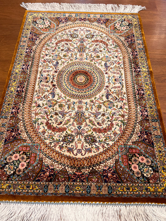 23” × 35” Luxury Turkish Silk Rug – Ivory & Golden Brown Floral Medallion, Hereke-Inspired Oriental Accent Rug