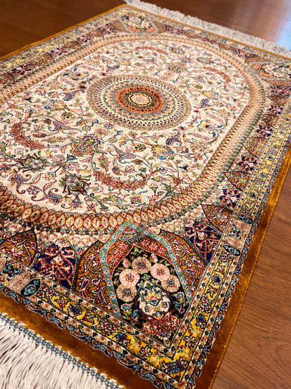 23” × 35” Luxury Turkish Silk Rug – Ivory & Golden Brown Floral Medallion, Hereke-Inspired Oriental Accent Rug