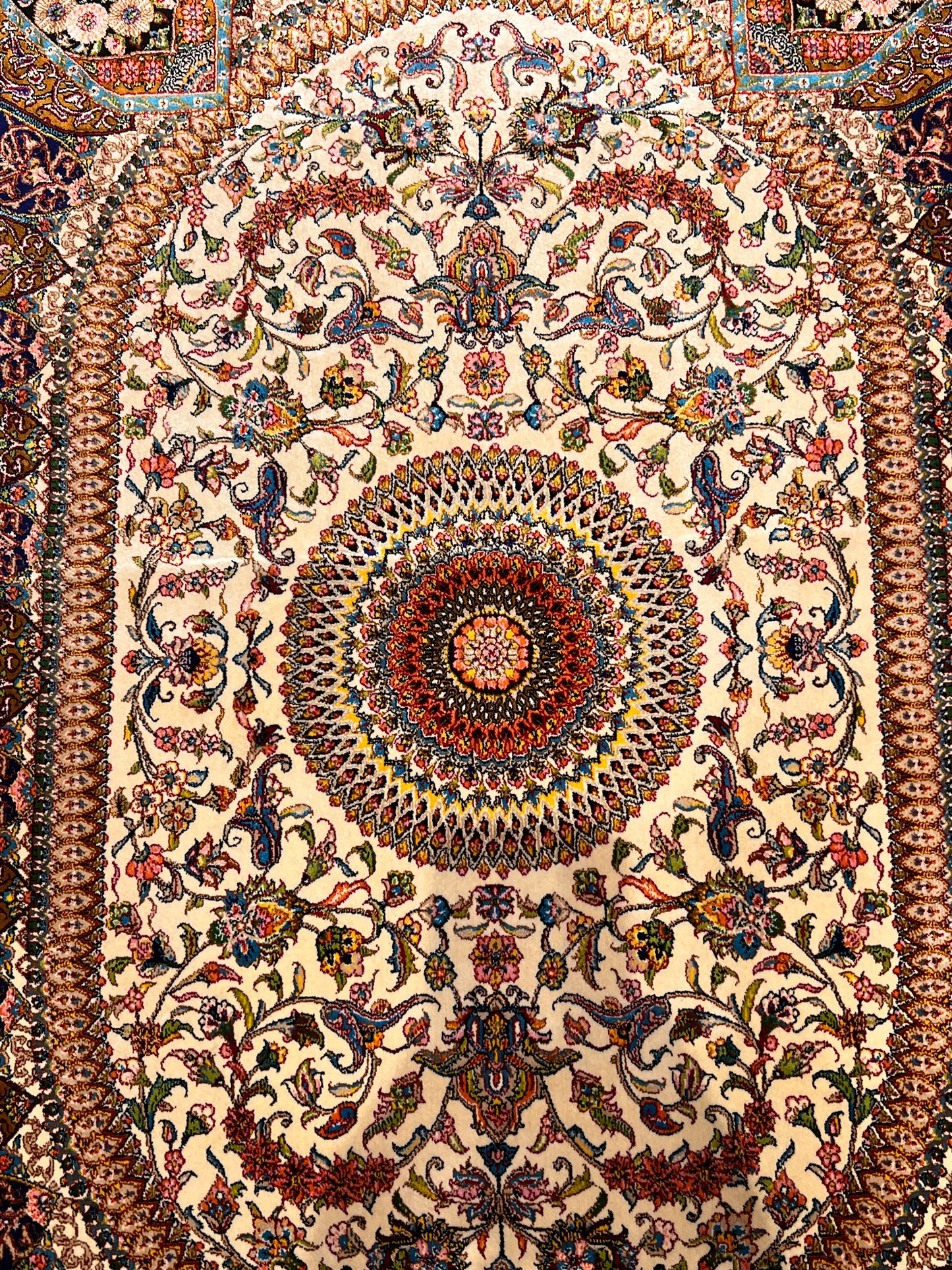 23” × 35” Luxury Turkish Silk Rug – Ivory & Golden Brown Floral Medallion, Hereke-Inspired Oriental Accent Rug