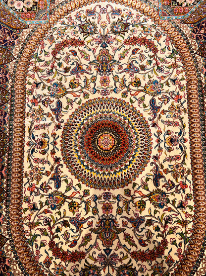 23” × 35” Luxury Turkish Silk Rug – Ivory & Golden Brown Floral Medallion, Hereke-Inspired Oriental Accent Rug