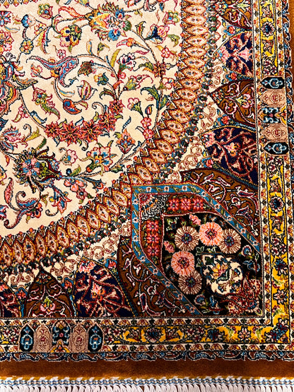 23” × 35” Luxury Turkish Silk Rug – Ivory & Golden Brown Floral Medallion, Hereke-Inspired Oriental Accent Rug