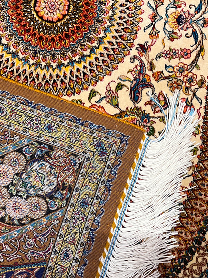 23” × 35” Luxury Turkish Silk Rug – Ivory & Golden Brown Floral Medallion, Hereke-Inspired Oriental Accent Rug