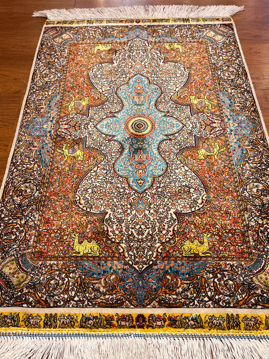 23” × 35” Luxury Turkish Silk Rug – Ivory, Turquoise Blue & Rust Gold Medallion, Hereke-Inspired Oriental Accent Rug