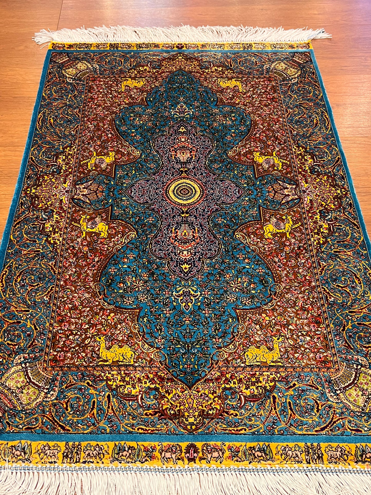 23” × 35” Luxury Turkish Silk Rug – Ivory, Turquoise Blue & Rust Gold Medallion, Hereke-Inspired Oriental Accent Rug